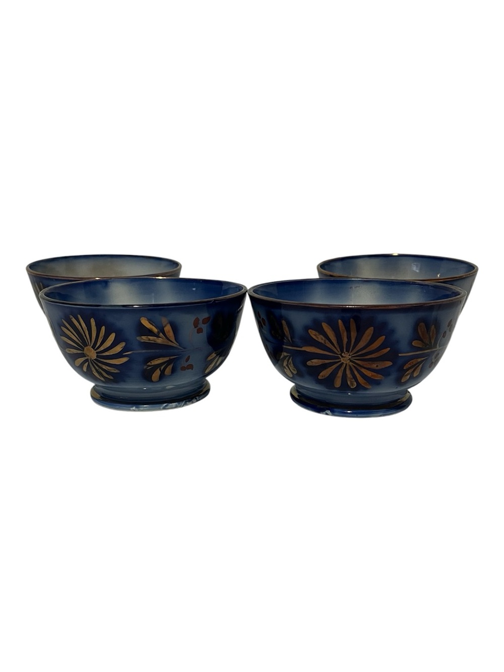 Set of 4 Antique Blue Glass Bowls with Gold Floral Motif